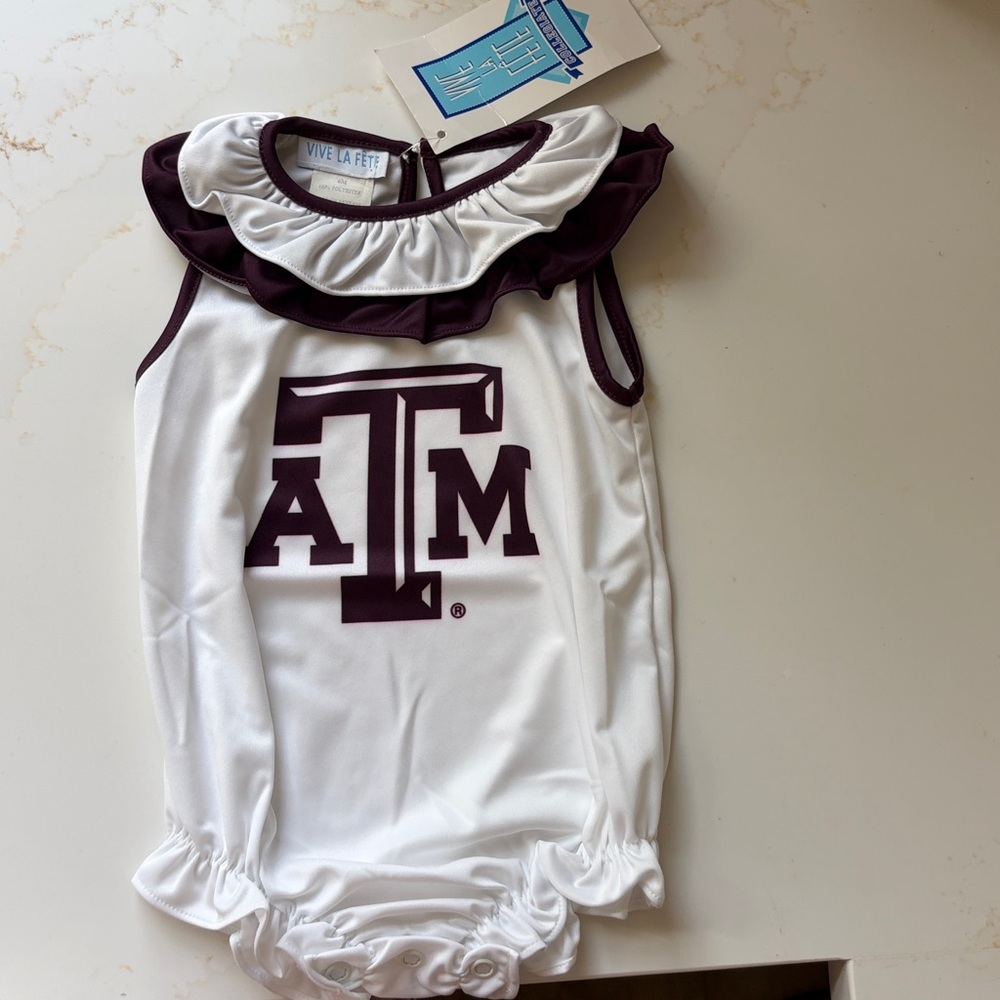 VIva La Fete Texas A&M White & Maroon Ruffle Baby Romper size 6 mo NWT